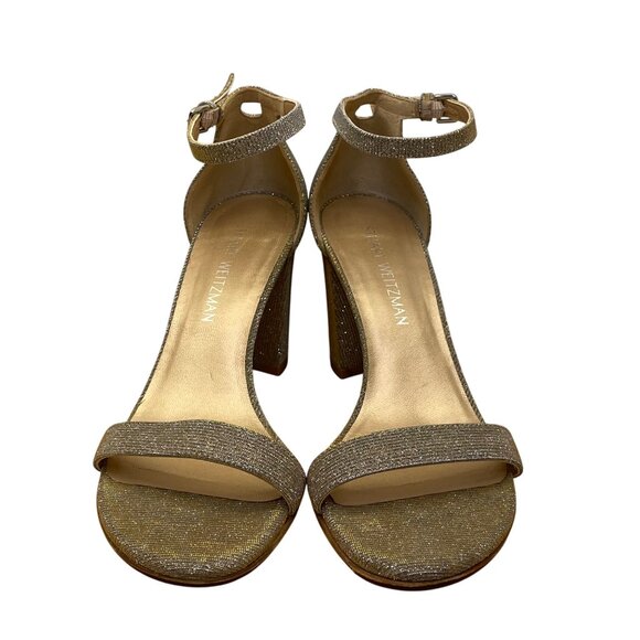 Stuart Weitzman Women’s Gold Glitter Ankle Strap Block Heel Sandals Size 9.5 - Picture 2 of 10
